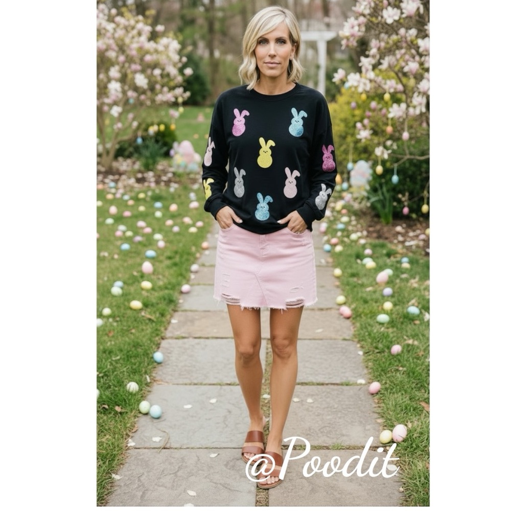 POODIT sequin bunny black Easter holiday sweatshirt S M L XL